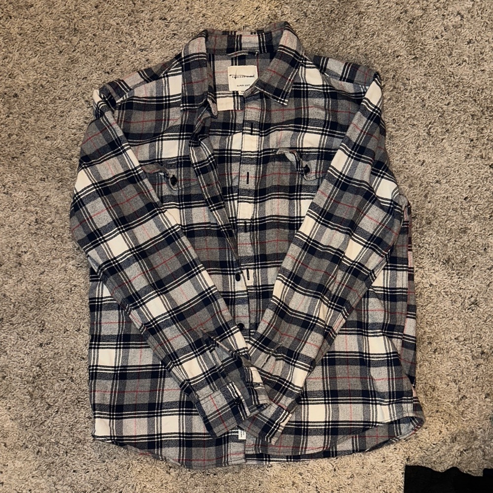 American Eagle Outfitters Men's Plaid Button-Down Shirt - White, Gray, Navy, Red
